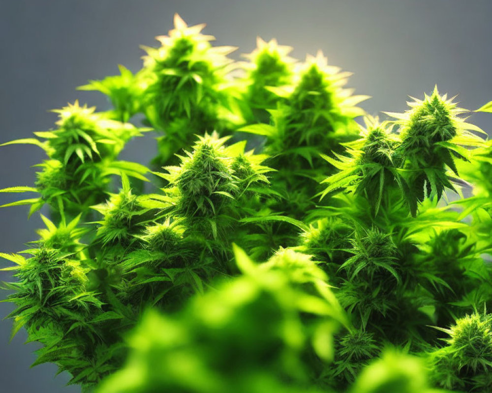 Vibrant cannabis plants with dense buds under warm light