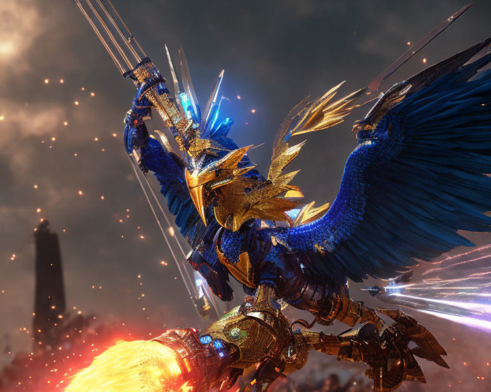 Golden-armored figure on blue-winged creature wields fiery weapon in dramatic sky.