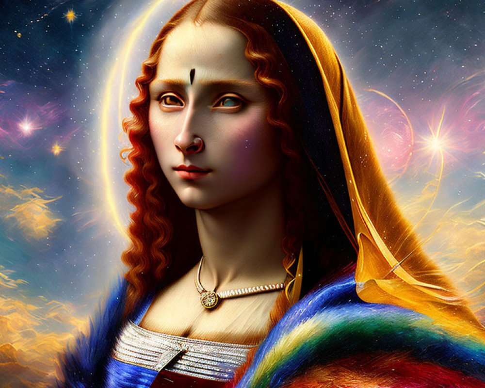 Digital artwork: Mona Lisa fusion with cosmic elements