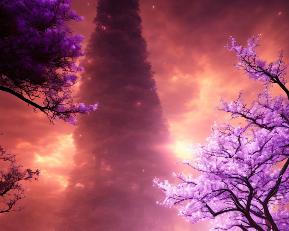 Purple Trees and Sequoia in Fiery Sky Landscape