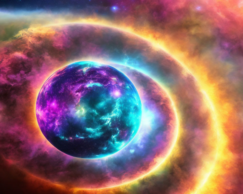 Colorful Nebula, Glowing Planet, Swirling Rings: Vibrant Cosmic Scene