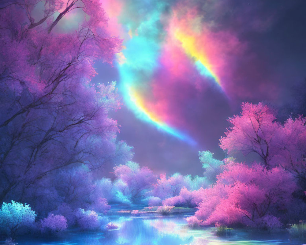 Fantasy landscape with pink trees, river, and colorful sky