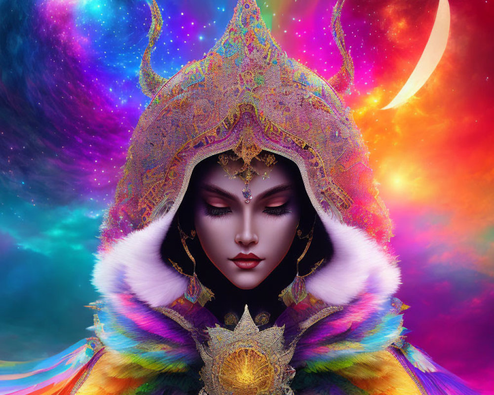 Vibrant digital art of mystical woman in ornate headdress