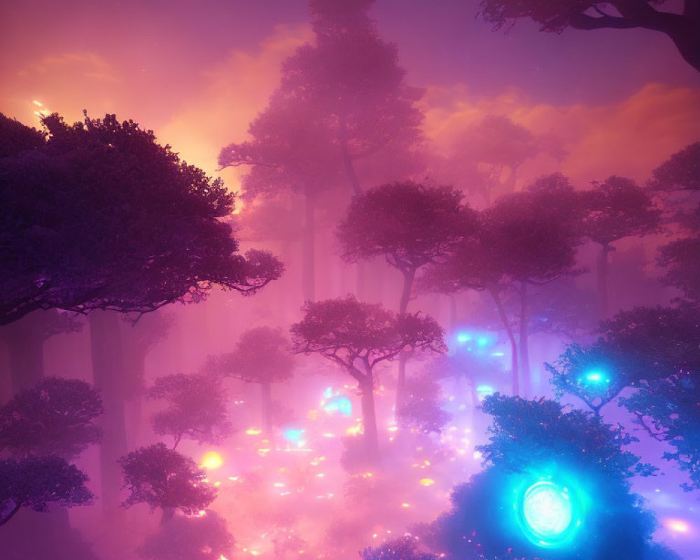 Enchanting mystical forest with glowing orbs and radiant light