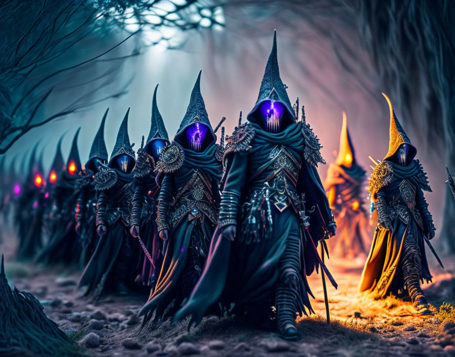 Dark, ornate armored figures with glowing purple eyes in a fantastical twilight setting