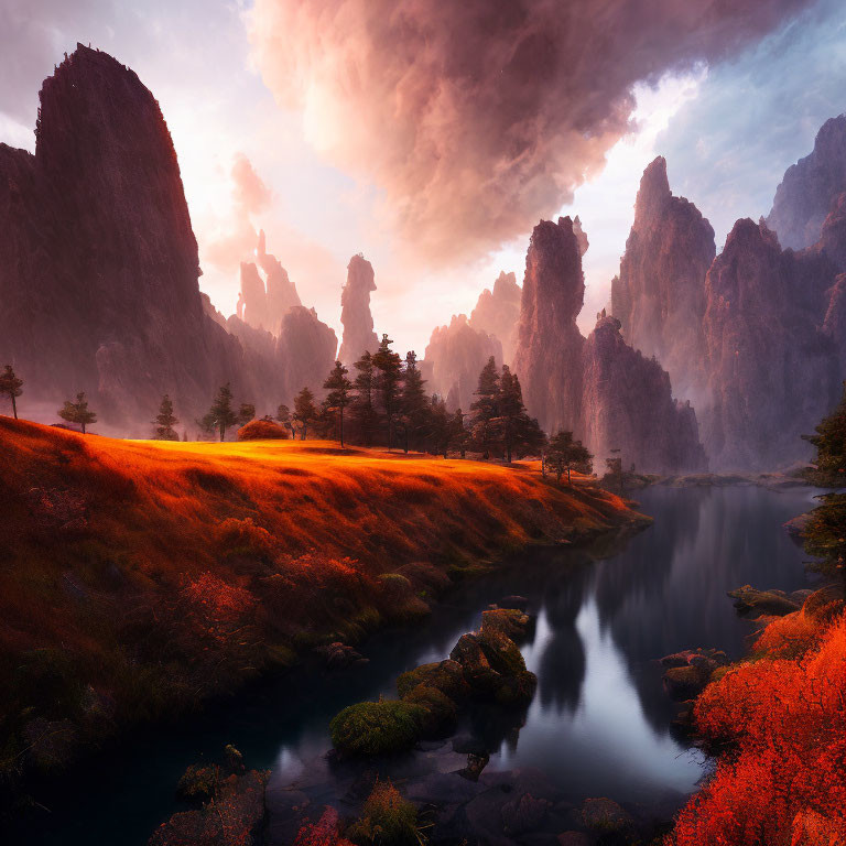 Tranquil river, orange fields, rocky peaks, trees, sunset sky