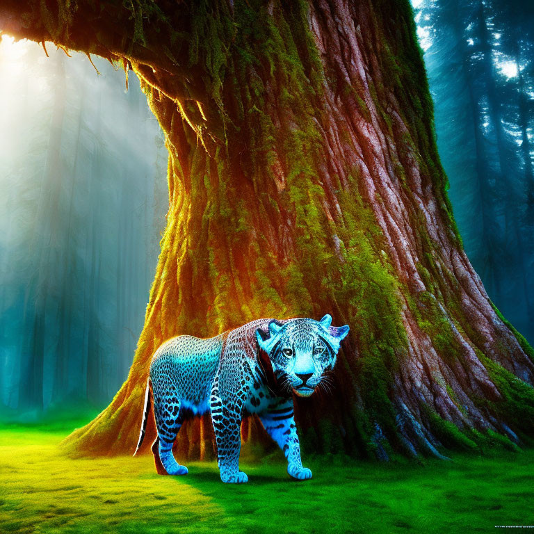 Unusually patterned blue leopard in magical forest landscape