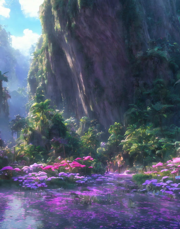 Mystical jungle with waterfall, pink flowers, and tranquil river