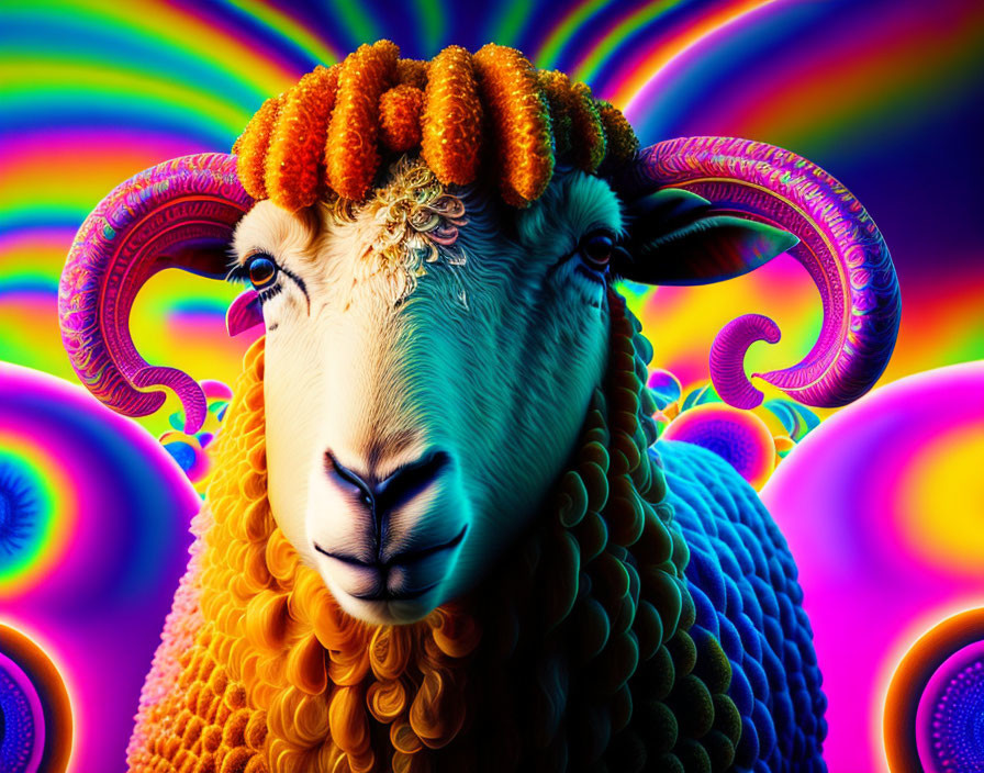 Colorful digital artwork: Sheep with psychedelic patterns and spiraled horns