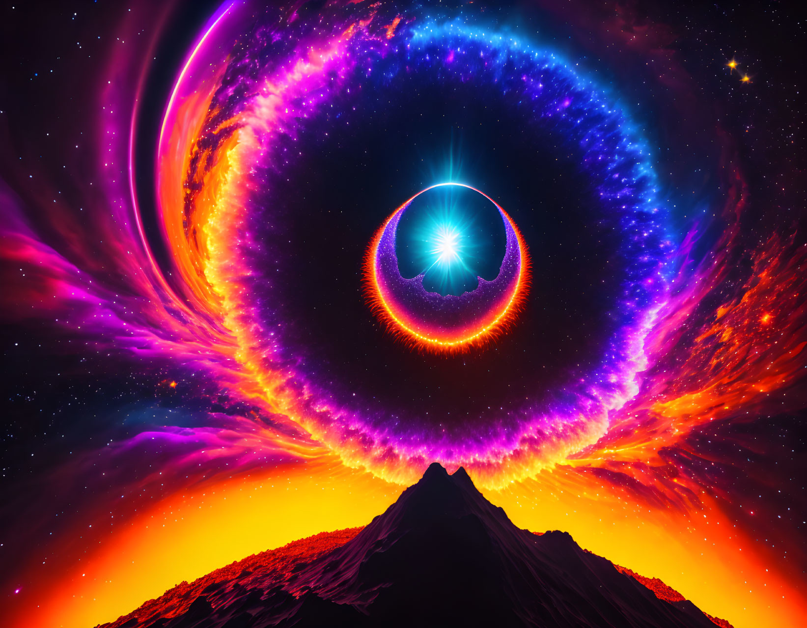 Luminous celestial ring over mountain with purple and orange hues