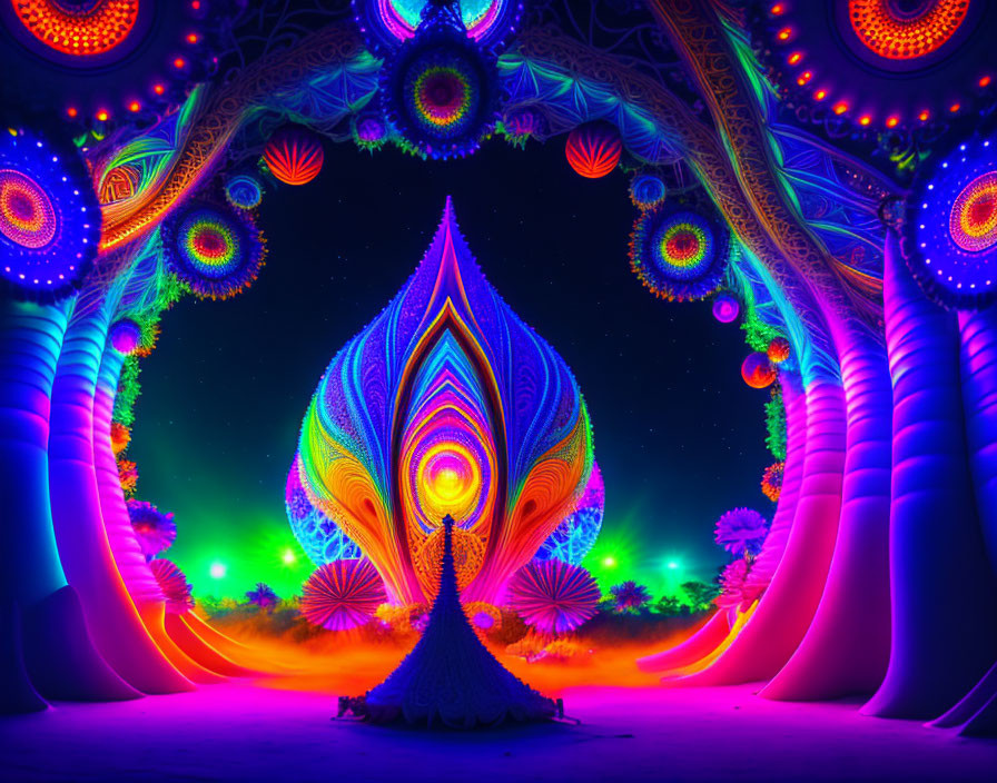 Colorful Psychedelic Artwork with Neon Lights and Peacock Motif