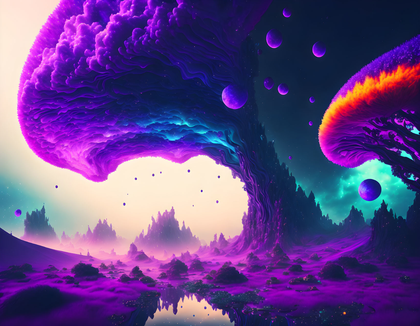 Alien landscape digital artwork with purple terrain and brain-like structures