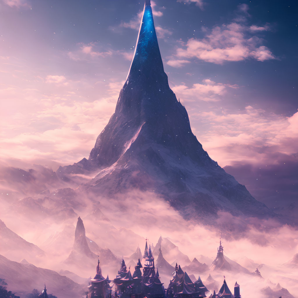 Majestic mountain peak against purple sky over misty cityscape