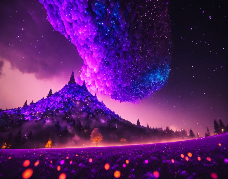 Purple-toned surreal night landscape with mountain, trees, galaxy, glowing flowers, and starry sky