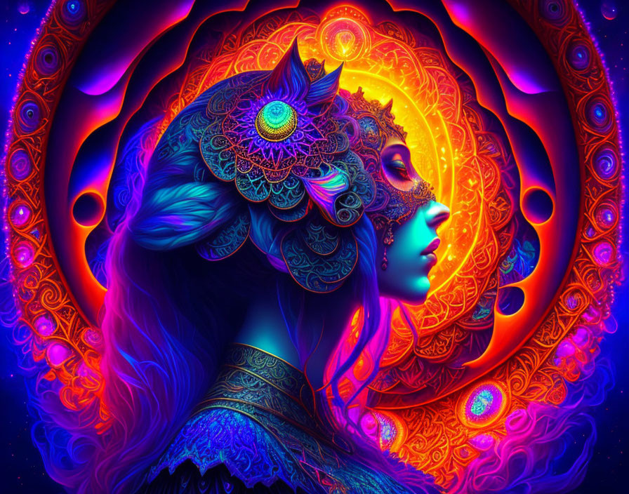 Colorful digital art: Woman wearing wolf mask with intricate patterns and luminous mandala background