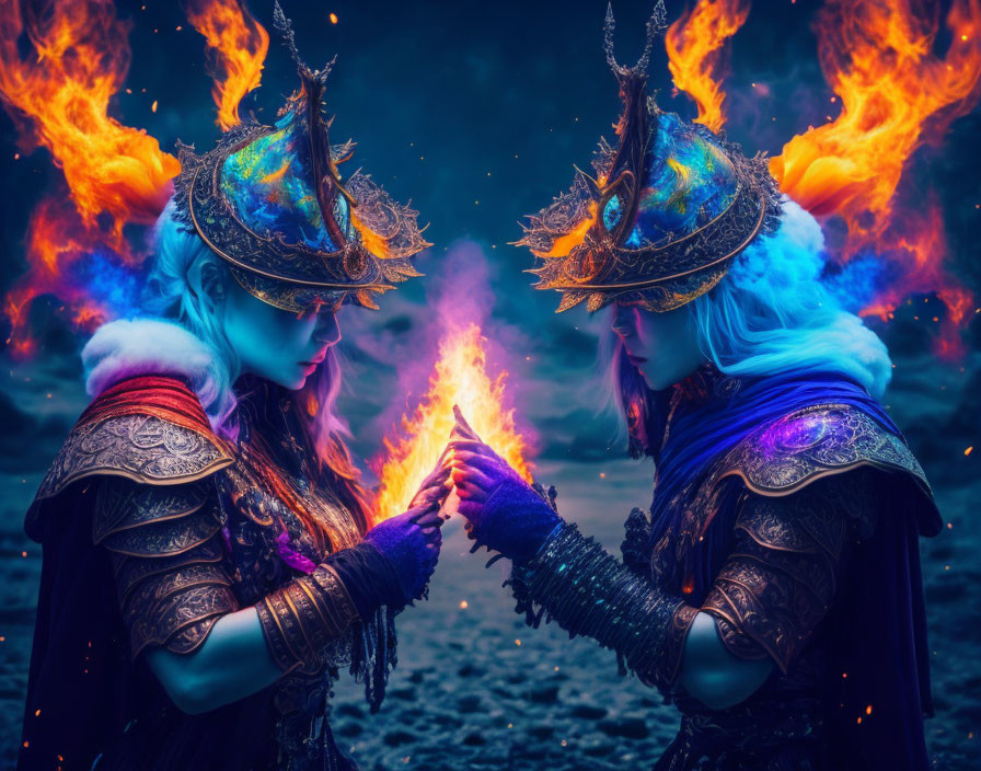 Fantasy figures with flaming crowns and ornate armor in mystical setting