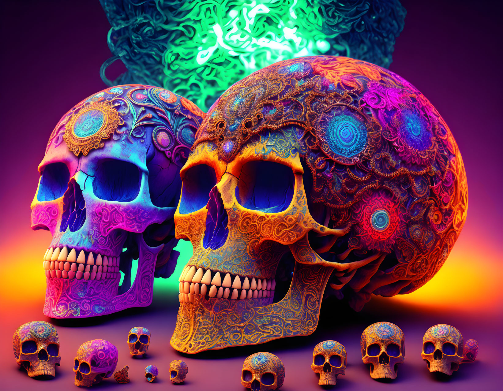 Colorful decorated skulls on vibrant purple and orange background