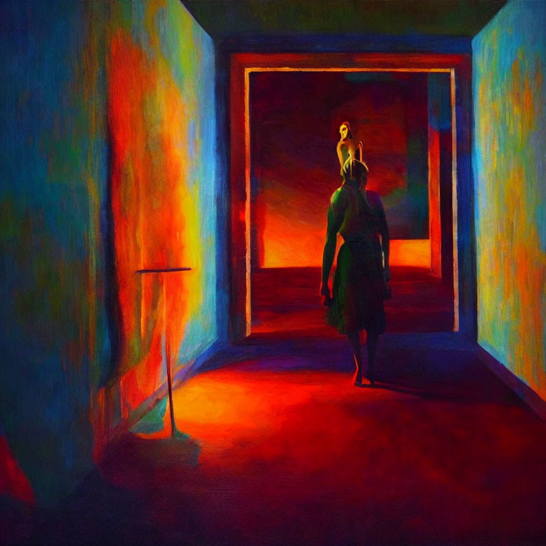 Vivid painting of person walking towards figure in doorway under red and blue light