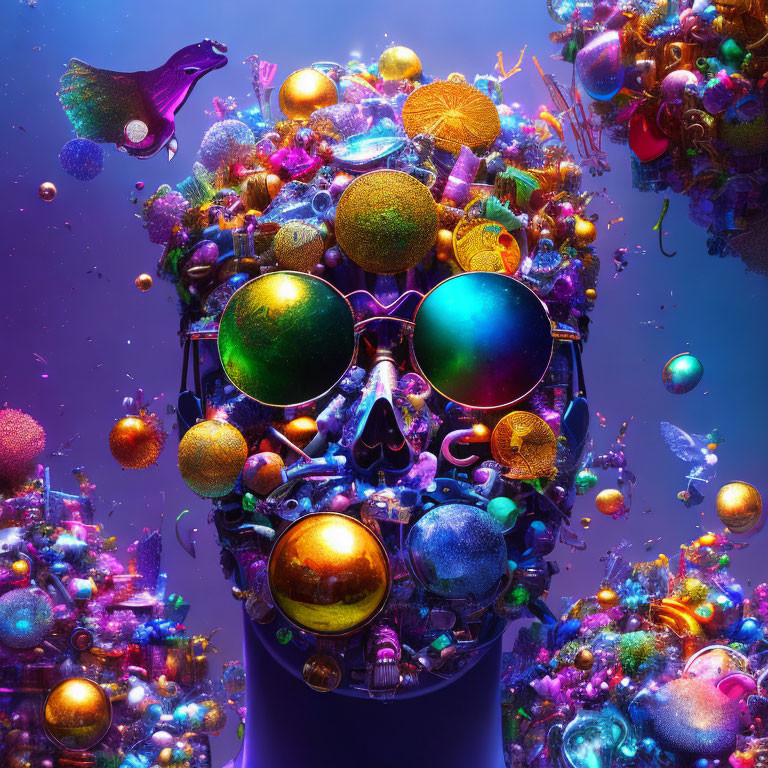 Colorful Psychedelic Skull Portrait with Ornaments and Raven on Cosmic Background