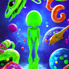 Vibrant neon green alien in colorful psychedelic cosmos