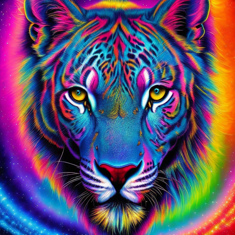 Colorful Psychedelic Tiger Face Illustration on Rainbow Background