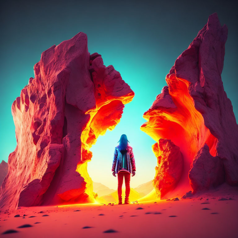 Person standing between towering rock formations near fiery cave entrance under turquoise sky