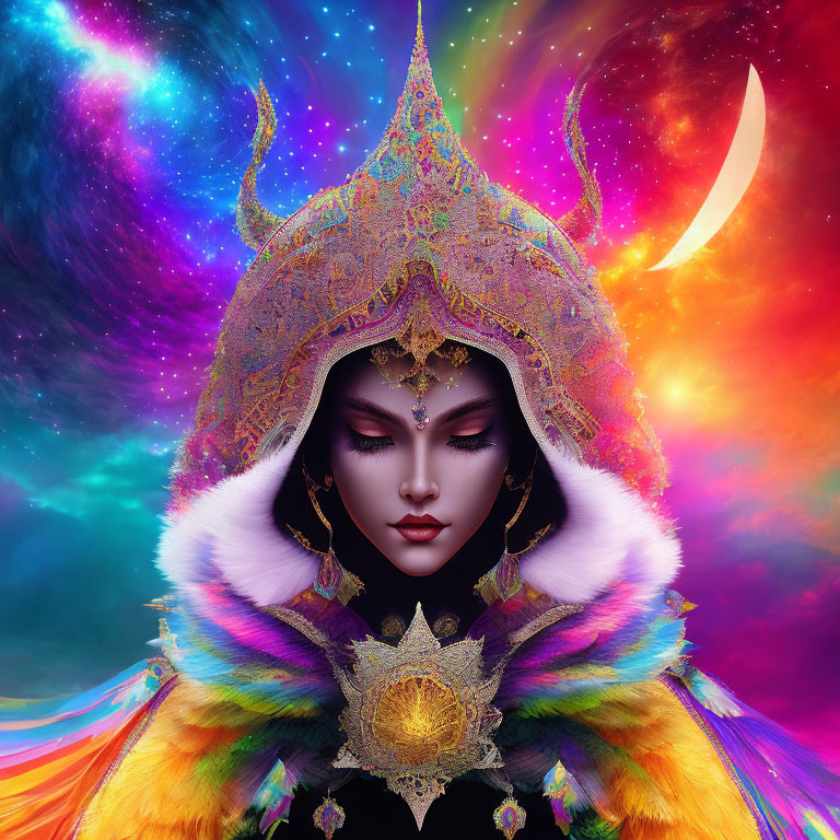 Vibrant digital art of mystical woman in ornate headdress