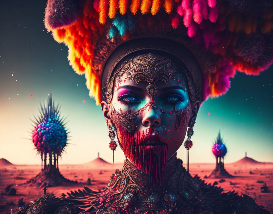 Colorful face paint and headdress in surreal desert scene