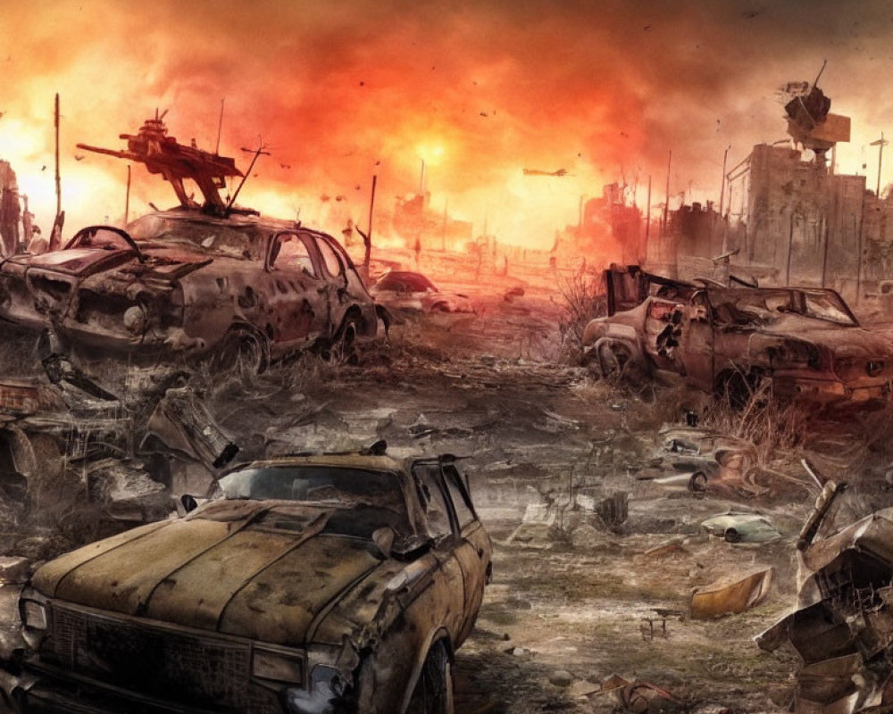 Desolate apocalyptic landscape with wrecked cars and fiery sky