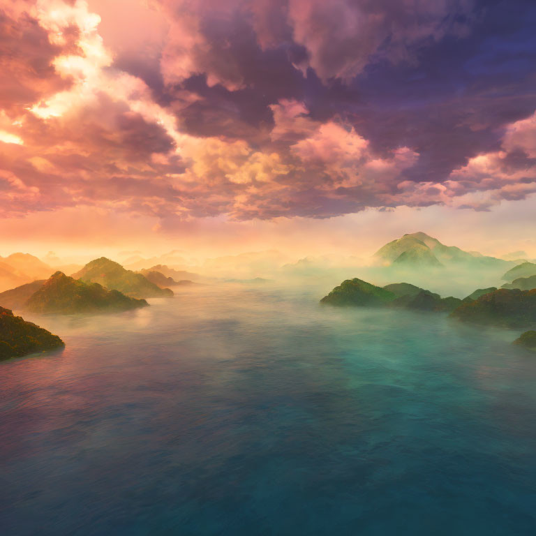 Misty Waters and Mountain Range at Sunrise or Sunset