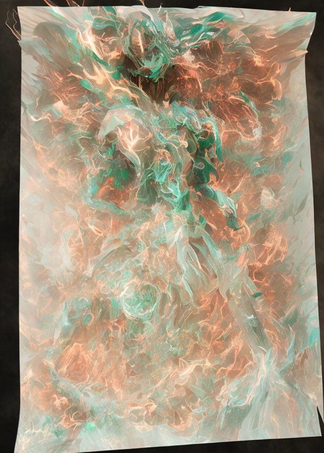Abstract digital artwork: Peach, teal, and white fluid formation