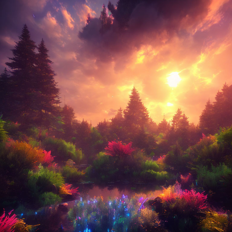 Colorful flora and serene pond in mystical landscape at sunset