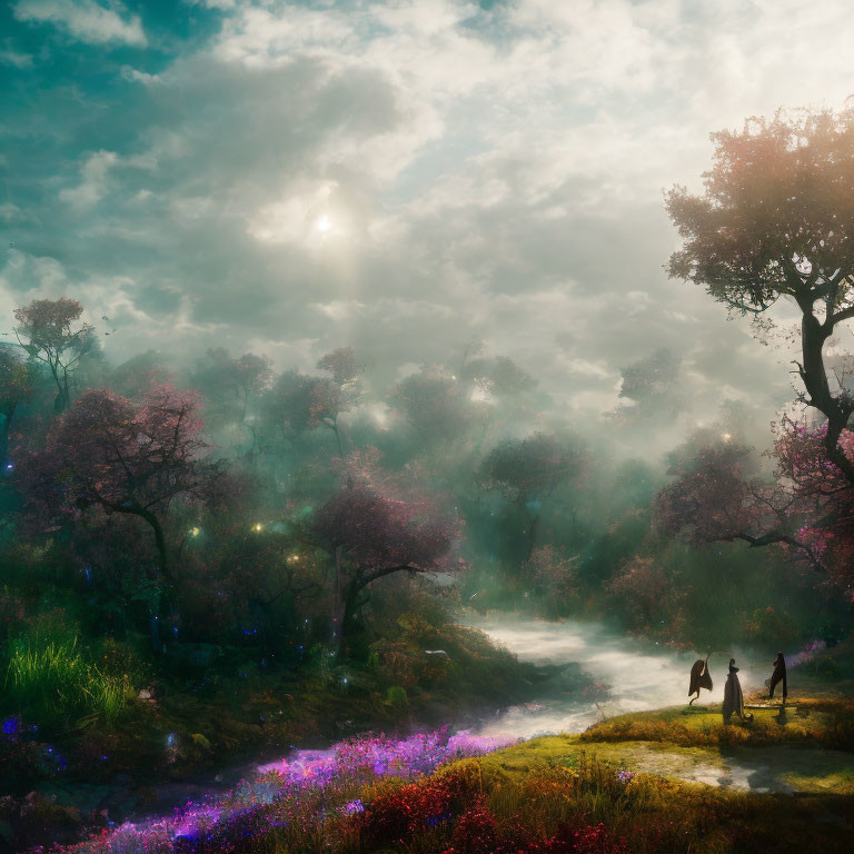 Sunlit Misty Forest with Blooming Trees and Walking Couple