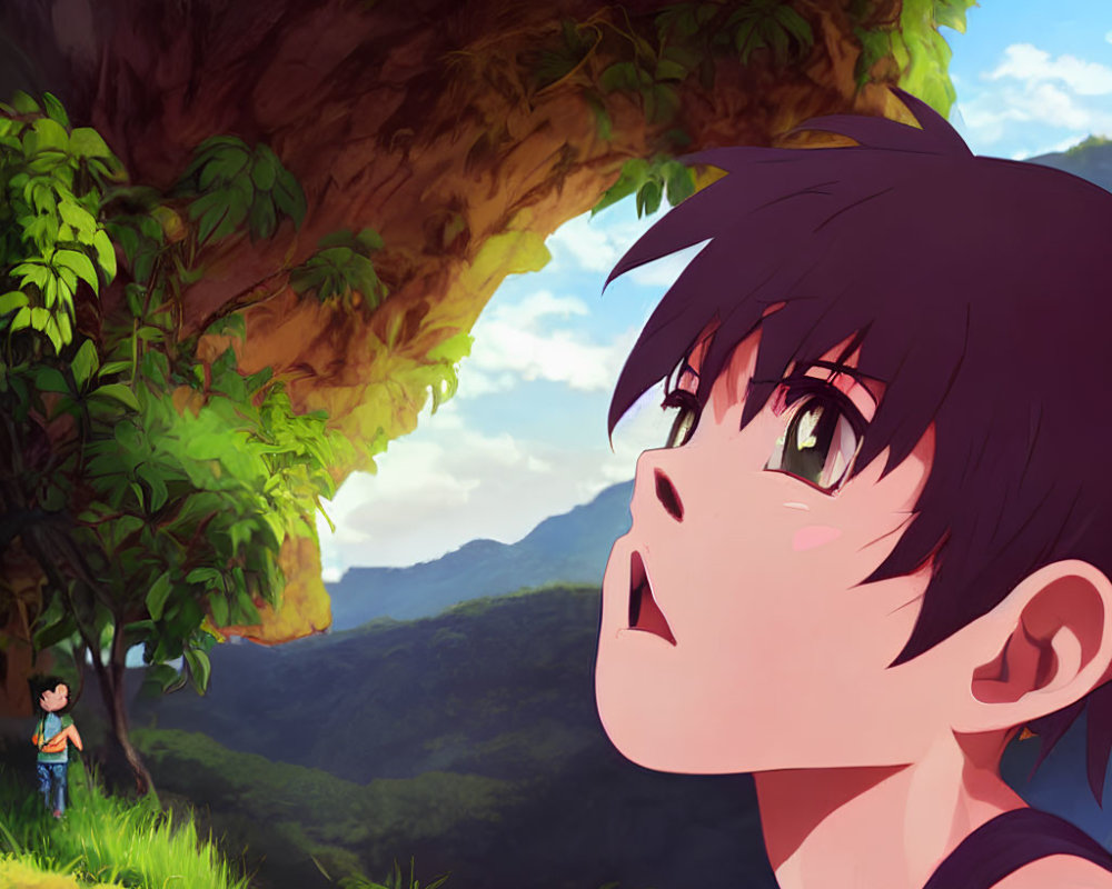 Surprised young person in anime style with lush green landscape and child in distance