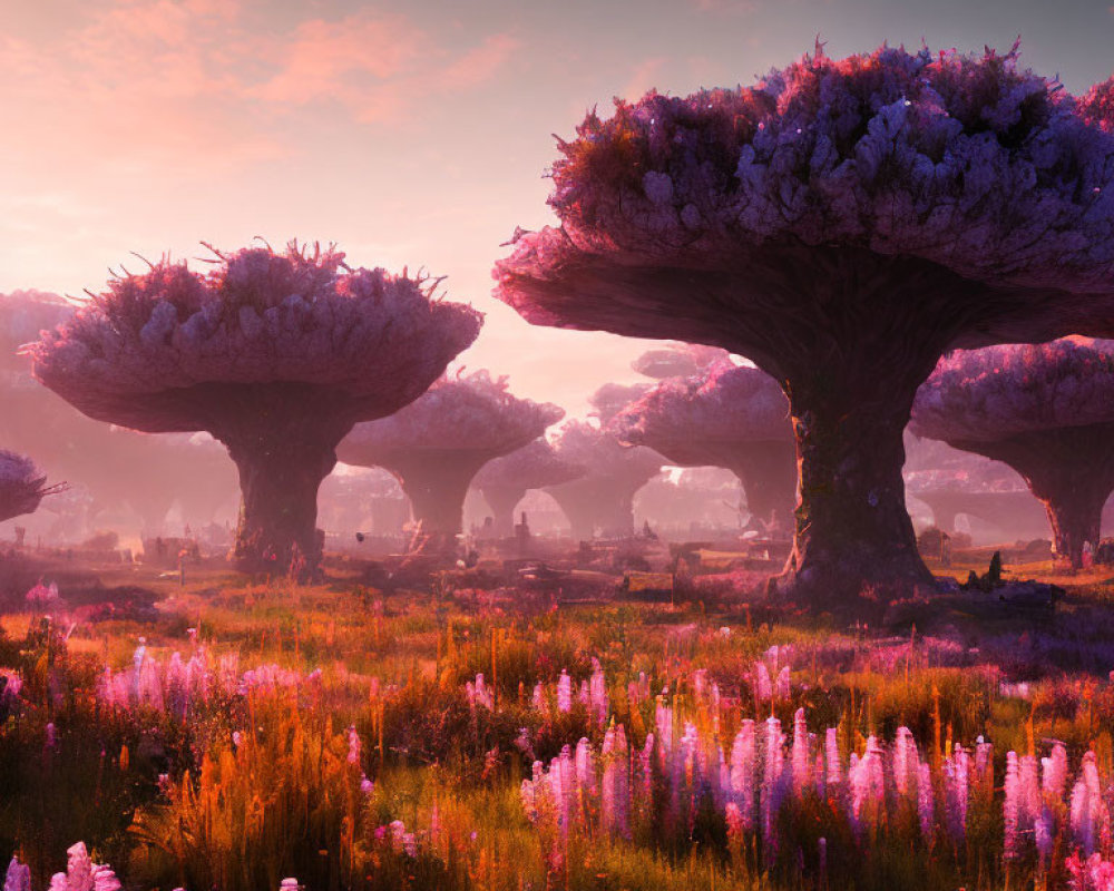 Fantastical landscape with towering mushroom-like trees and colorful flora under warm sunset light