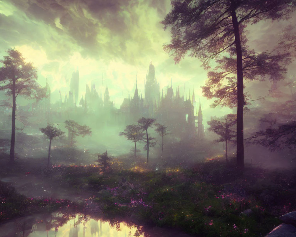 Enchanting twilight forest scene with reflective pond and castle-like structure