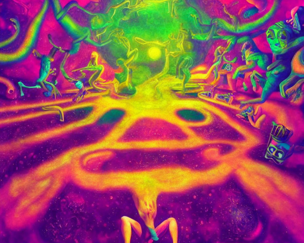 Colorful Psychedelic Artwork of Meditating Figure surrounded by Fantastical Elements