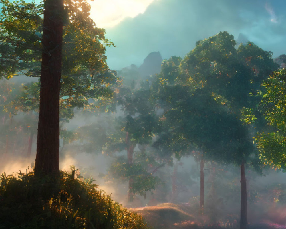 Misty forest illuminated by sunlight glow