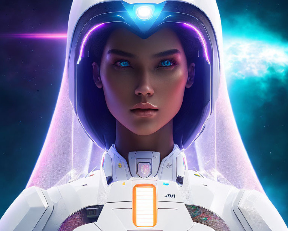 Futuristic female character in white high-tech suit with glowing blue eyes