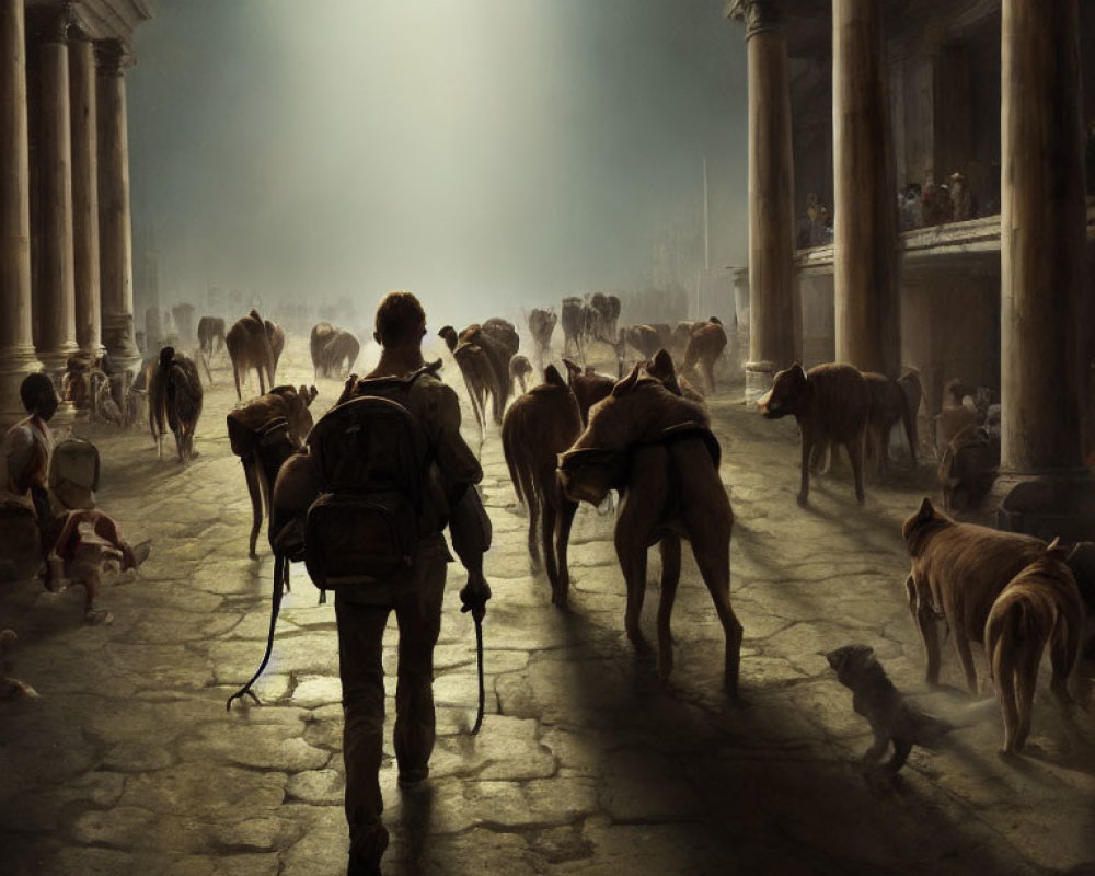 Person with backpack in ancient hall with dogs under dramatic light beam