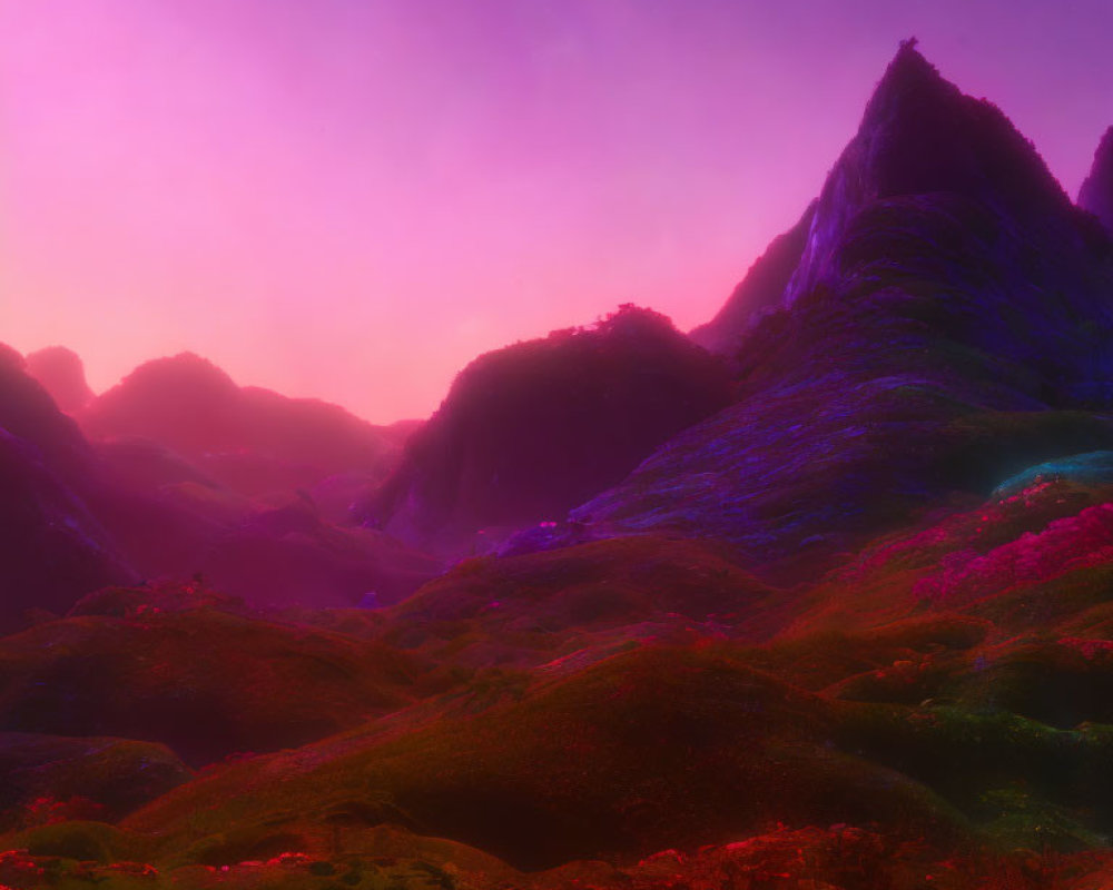 Colorful Landscape Featuring Purple and Pink Hues with Lush Mountains and Valleys