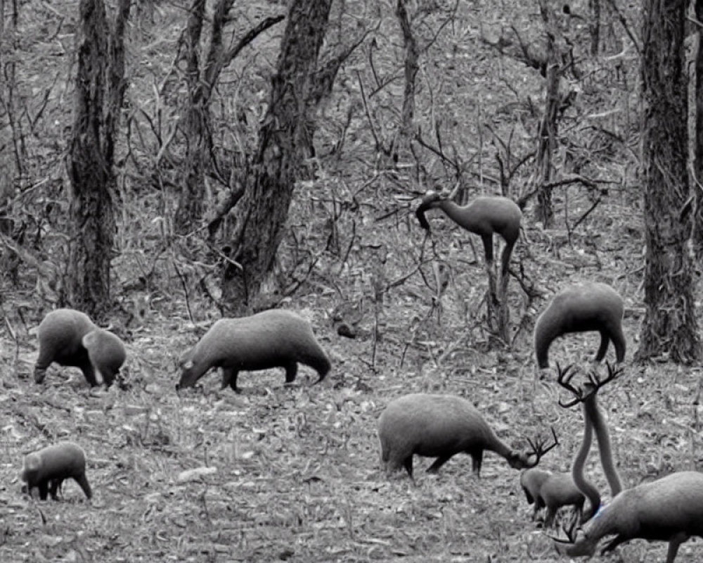 Monochrome image of deer foraging in leafless forest