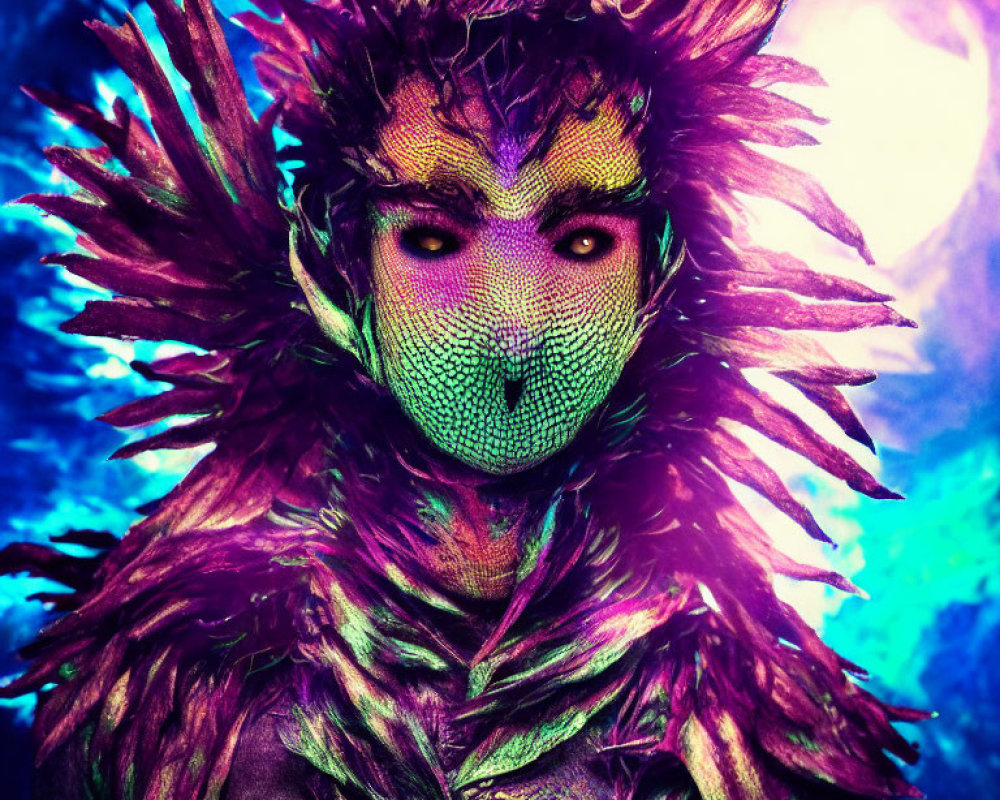 Colorful Feathered Headpiece and Reptilian Skin Costume on Blue and Purple Background