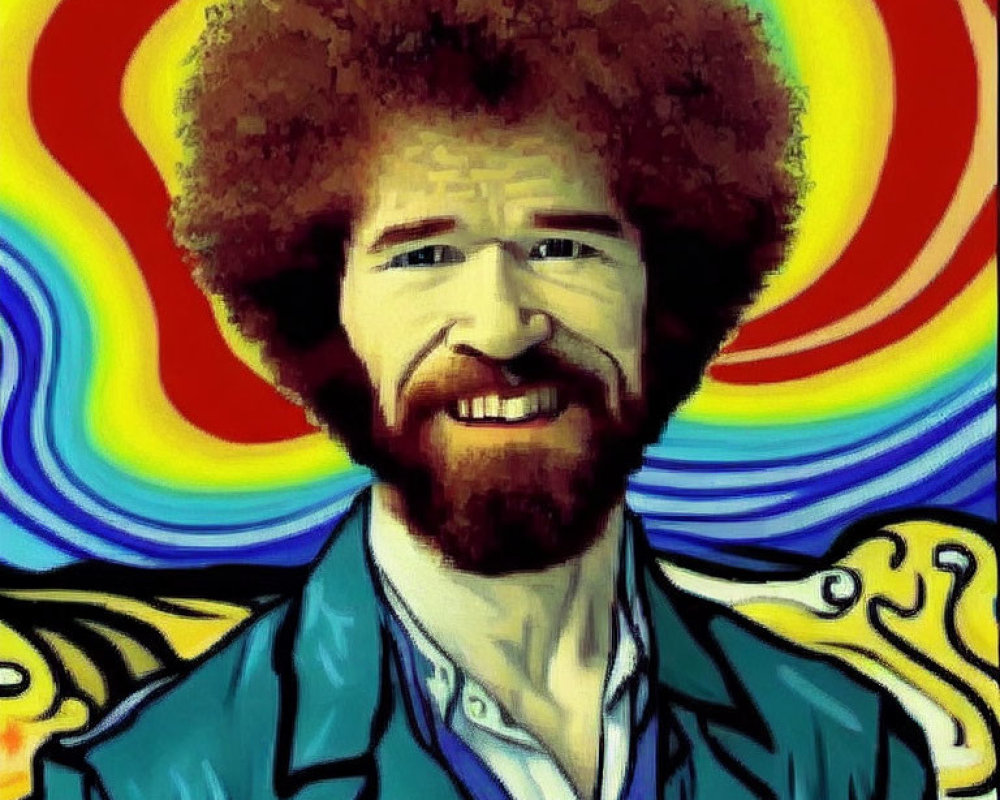 Smiling man with large afro in vibrant swirl background