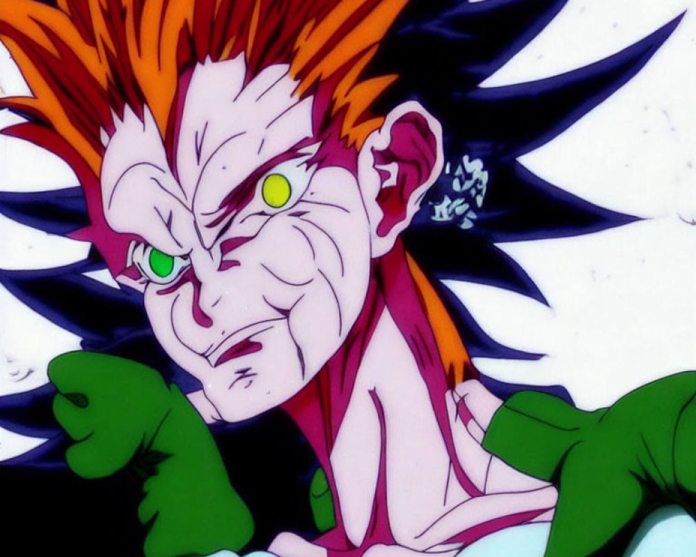 Vibrant animated character with spiky orange and black hair, yellow eyes, green and white