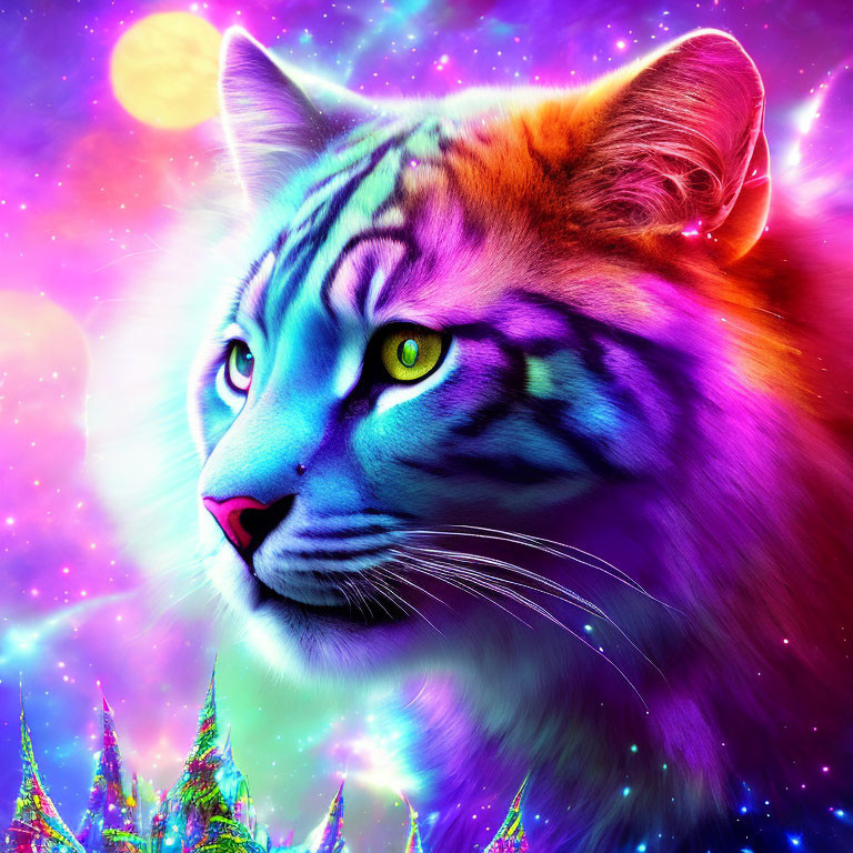 Colorful Tiger Art with Cosmic Moon and Fantasy Castles