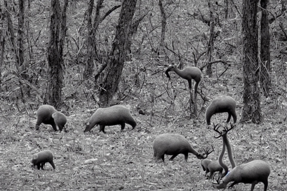 Monochrome image of deer foraging in leafless forest