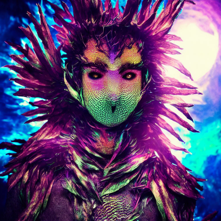 Colorful Feathered Headpiece and Reptilian Skin Costume on Blue and Purple Background