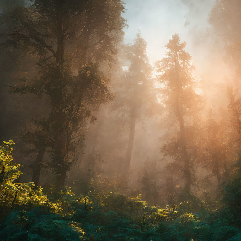 Misty forest with sunlight filtering through towering trees