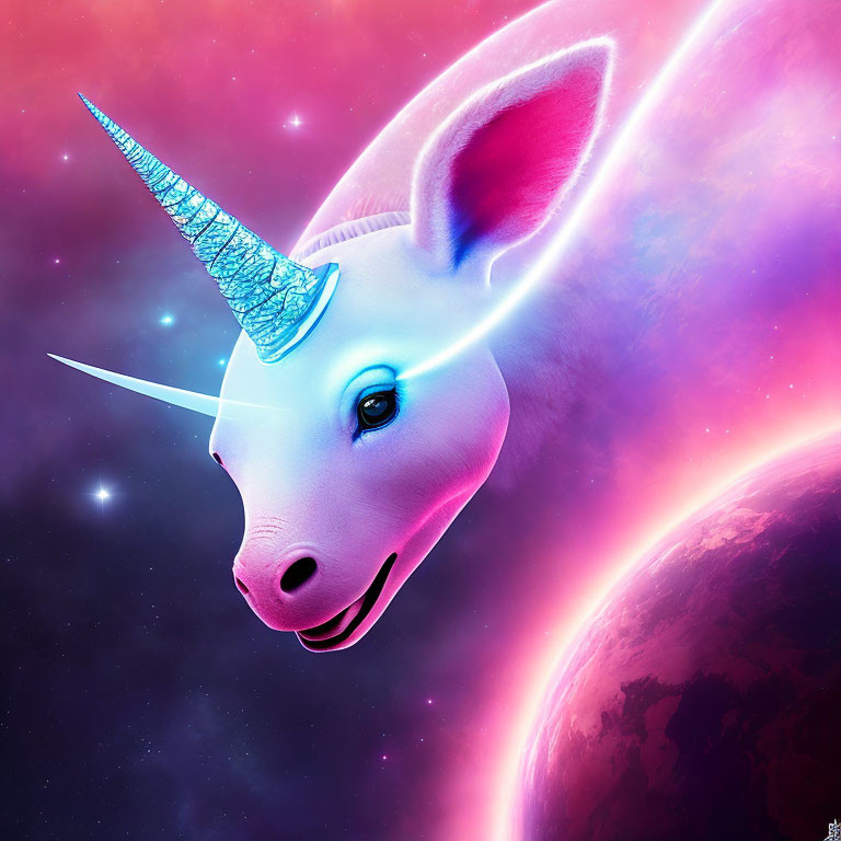 Smiling unicorn with gleaming horn in cosmic artwork